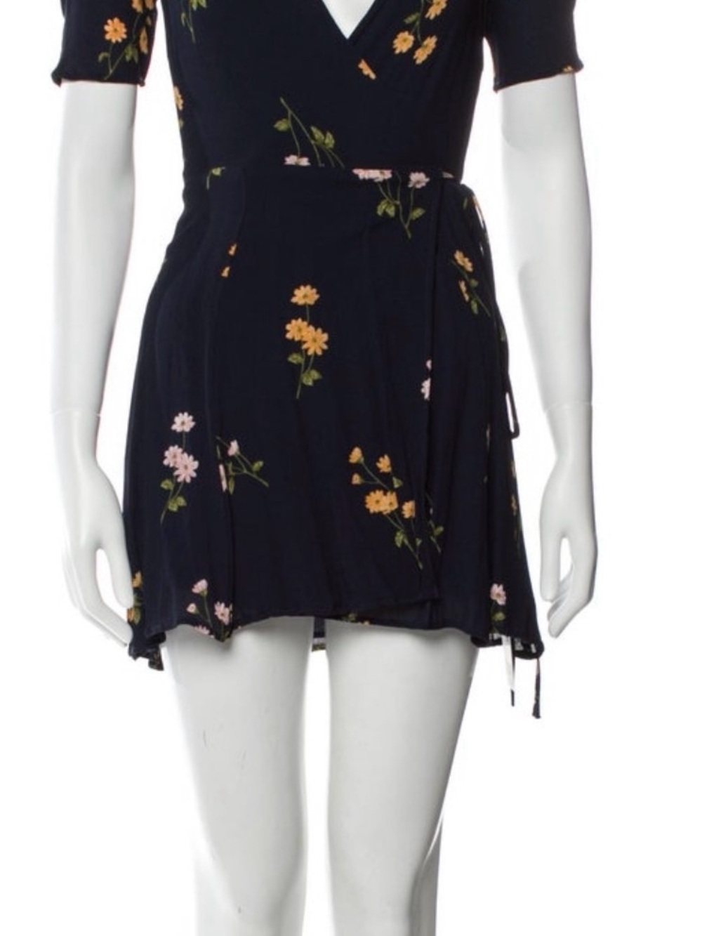 Reformation Navy Floral Wrap Mini Dress with Yellow & Pink Blooms